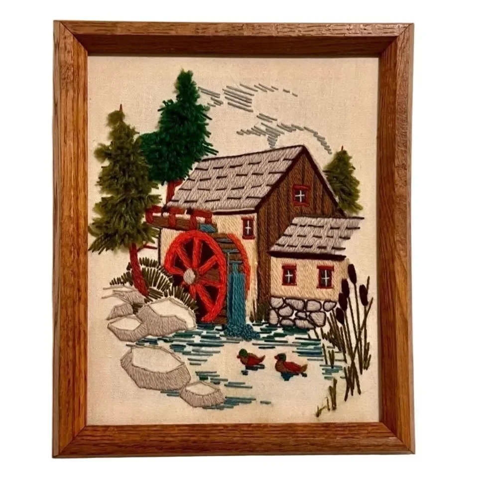 2 Set Pair 70s MCM Crewel Needlepoint Embroidered Tapestry Country Yarn Wall Art